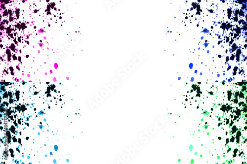 Colorful explosion watercolor paint splatter isolated on white. Black, pink, blue, green neon colors spray stains border frame abstract background, vector illustration set