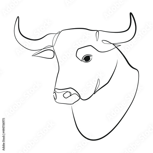 Bull head with horns close up one line drawing on white isolated background