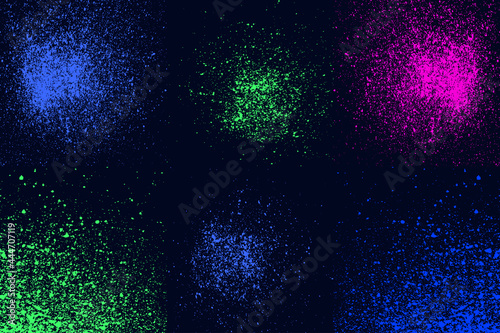 Round blue  green  pink neon colors explosin splash splatter elements isolated on black. Artistic circles spray paint grunge abstract background set  vector illustration for your design