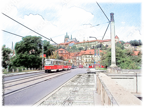 Views of old part of Prague. Sketch style illustration