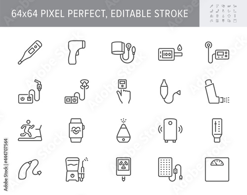 Personal medical devices line icons. Vector illustration include icon - thermometer, glucometer, insulin pump, outline pictogram for domestic health equipment. 64x64 Pixel Perfect, Editable Stroke