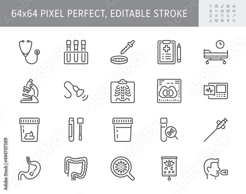 Medical check up line icons. Vector illustration include icon - radiology, stethoscope, xray, ultrasound, pcr, petri dish outline pictogram for health diagnostic. 64x64 Pixel Perfect, Editable Stroke photo