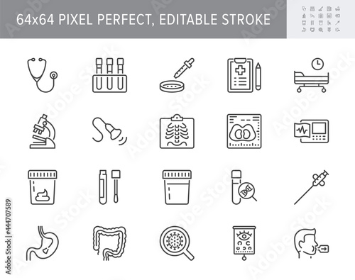 Medical check up line icons. Vector illustration include icon - radiology, stethoscope, xray, ultrasound, pcr, petri dish outline pictogram for health diagnostic. 64x64 Pixel Perfect, Editable Stroke