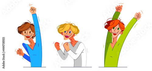 Happy boy excited with winner gesture vector illustrations set, young man saying yes to success and goal cartoon drawing, champion win.