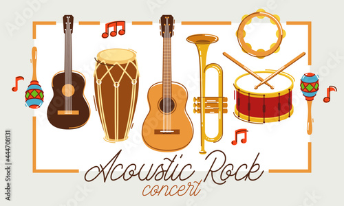 Acoustic music instruments poster vector flat illustration isolated on white, rock ballads concert or festival flyer or banner advertising announcement, live sound fest, rock musical bands.