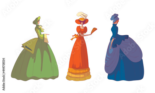Woman in Standing Pose Wearing Old-fashioned Dress or Ball Gown Vector Set