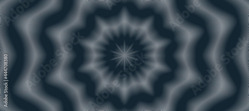 Abstract vector wave background made with linear Moire, op art effect surreal texture, sound and music waves theme, black and white grid abstraction.