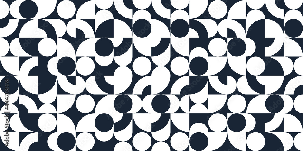 Geometric abstract seamless pattern with black and white simple elements of geometry, wallpaper background in retro 70s style, Bauhaus constructive style tiles. Geometric abstract seamless pattern with black and white simple elements of geometry, wallpaper background in retro 70s style, Bauhaus constructive style tiles.