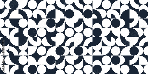 Geometric abstract seamless pattern with black and white simple elements of geometry, wallpaper background in retro 70s style, Bauhaus constructive style tiles.