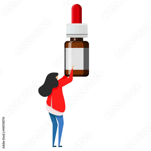 woman holding nasal drops and spray to ease breathing during allergy and illness. concept Otolaryngology treatment rhinitis, allergies. Vector illustration