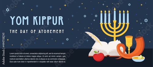 banner for Jewish holiday Yom Kippur and New Year, rosh hashanah, with traditional icons. banner with traditional Jewish New Year symbols, apple, honey, shofar and ancient prayer book. Vector 