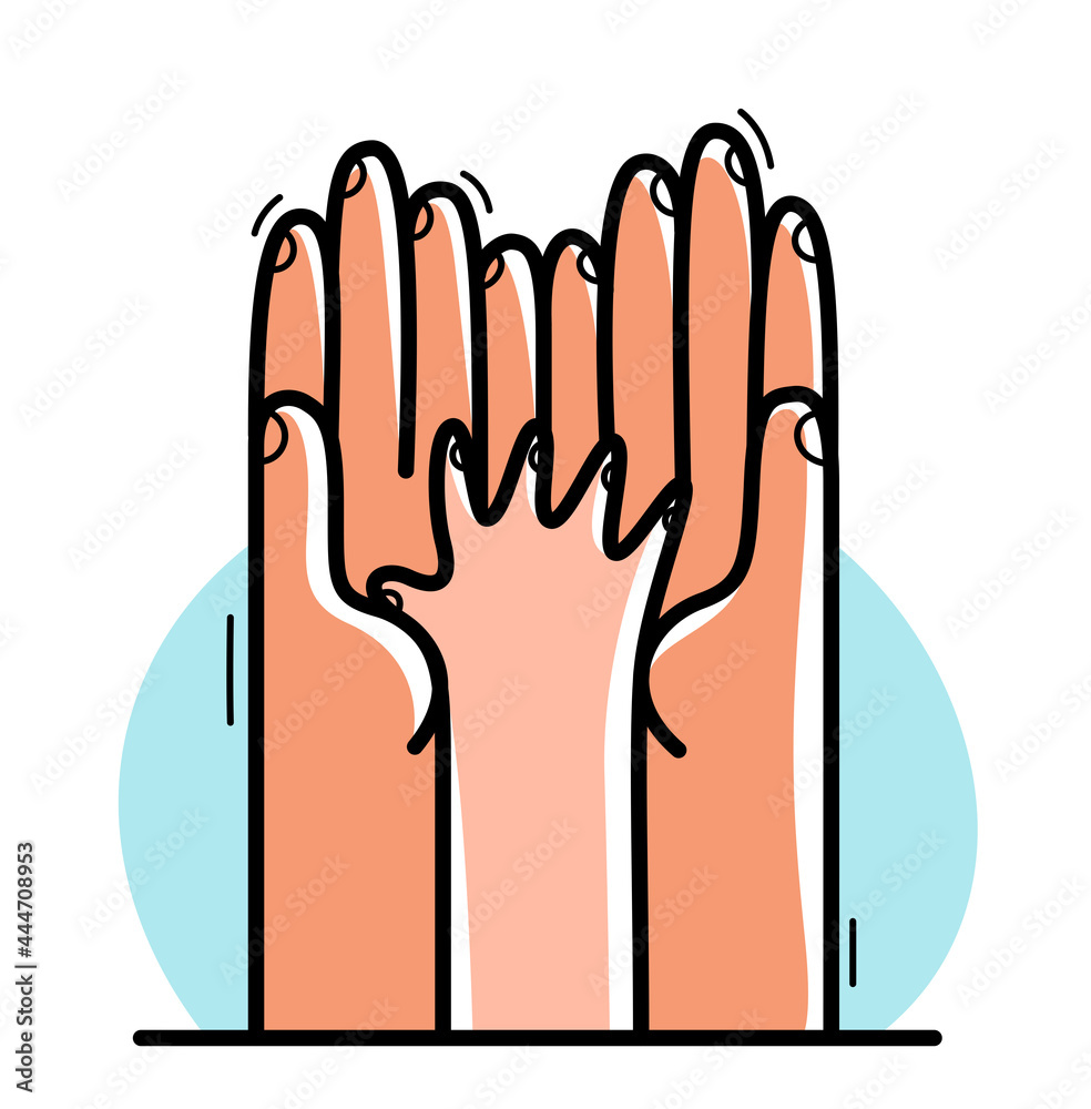 Obraz premium Two hands and small child palm protecting and showing care vector flat style illustration isolated on white, cherish and defense for childhood concept, charity.