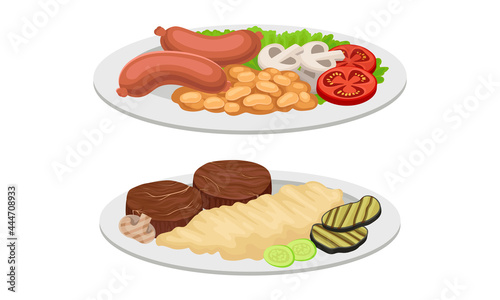 Meat Dish with Patty Cakes and Sausages Served on Plate Vector Set
