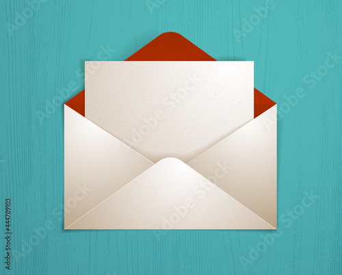 Postal envelope with blank card over wooden background realistic vector paper illustration, graphic design element message greeting mail.