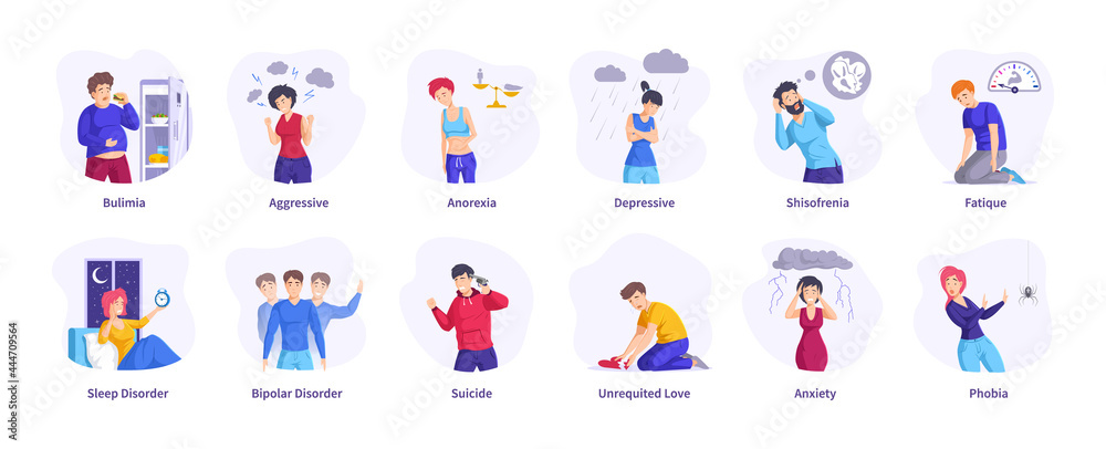 People mental states. Depression, anorexia, bulimia, sleep disorder, aggression, anxiety, phobia. Set of psychologic and psychiatry mental disorders and illnesses, emotional problem - obrazy, fototapety, plakaty 
