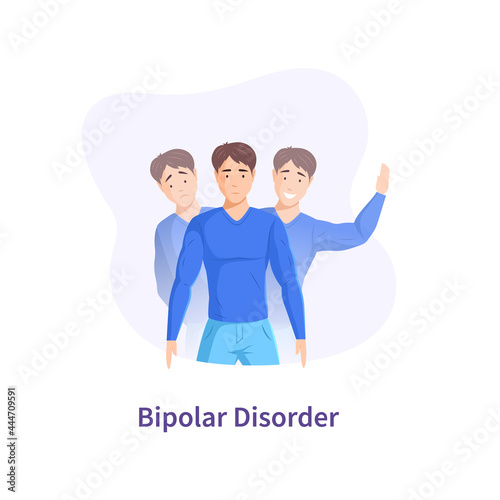 Diseases bipolar disorder, manic-depressive psychosis. Man suffers from mood swings, illnesses symptoms depression, euphoria, hopelessness, tearful