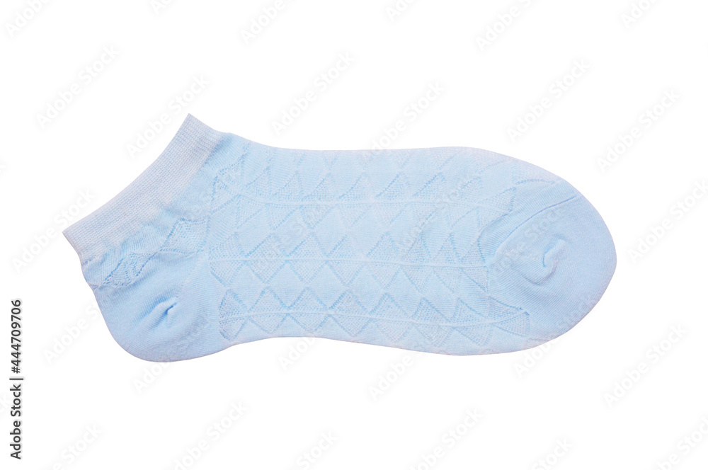 summery light blue sock on white background, isolated  cotton socks, female accessory as single object, summer thin sports low socks