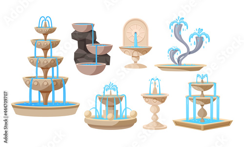Collection of fountains, geyser waterfalls and water splash. Vintage and modern architecture decor
