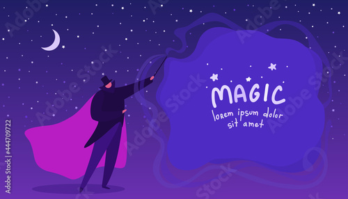 A magician casts a spell with his magic wand. A template with copy space for text. An illusionist doing magic. Magical conjurer. A vector cartoon illustration.
