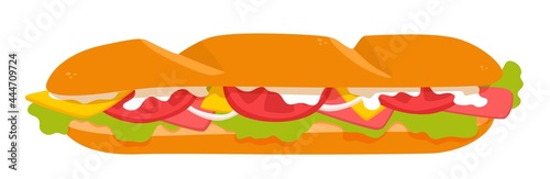 A whole long submarine sandwich. Delicious fresh sub, hoagie with ham. A vector cartoon illustration isolated on a white background. photo