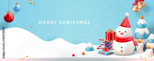Blue Merry Christmas banner in 3d