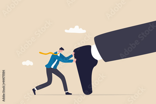 Keep pushing yourself, continue self development or self improve to overcome difficulty and success in business and career concept, confidence businessman pushing big hisself forward with full effort.