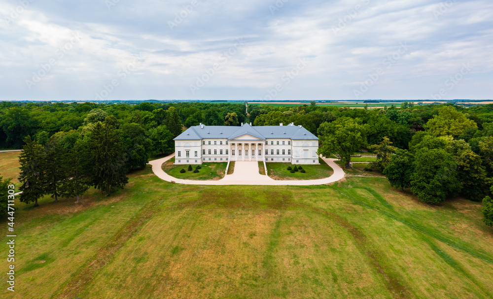Aerial view about Festetics Castle in Deg which is the only classicist castle in Fejer County. The castle is surrounded by the largest English park in Hungary.