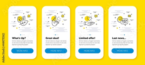 Vector set of Jazz, Organic tested and Hold heart line icons set. UI phone app screens with line icons. Quick tips icon. Saxophone, Bio ingredients, Love brand. Helpful tricks. Vector