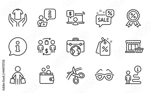 Fashion icons set. Included icon as Discount tags  Hold t-shirt  Buying process signs. Buyer  Online shopping  Discount medal symbols. Love glasses  Scissors  Discounts bubble. Marketplace. Vector