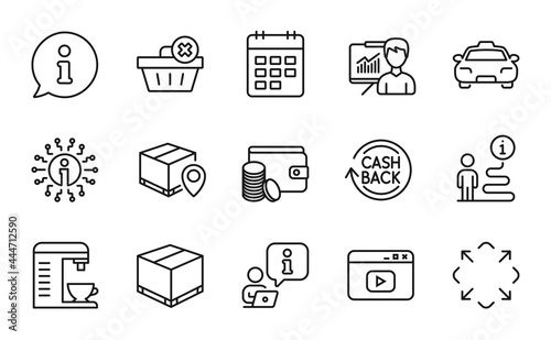 Line icons set. Included icon as Delivery box, Info, Parcel tracking signs. Cashback, Coffee machine, Delete order symbols. Video content, Maximize, Payment method. Presentation, Calendar. Vector