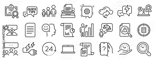 Set of Education icons, such as Business hierarchy, Quick tips, Laptop icons. Time management, Electricity plug, Good mood signs. Cogwheel, Cloud share, 24 hours. Documents, Typewriter. Vector