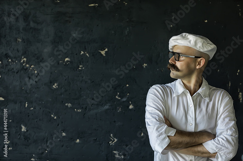 Portrait of a brutal mustachioed cook, in the profession uniform, white cap. glasses man