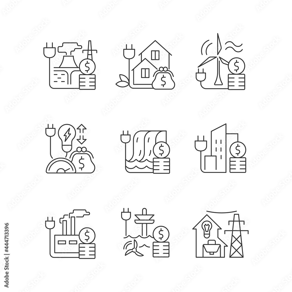 Energy prices linear icons set. Hydro, wind power production cost. Expense for sustainable generation. Customizable thin line contour symbols. Isolated vector outline illustrations. Editable stroke