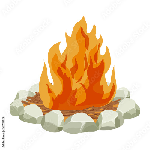 Fireplace, fire with wooden tree sticks,twigs and stones in cartoon style isolated on white background. Outdoor activity, campfire. 
