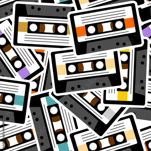 Retro cassette pattern seamless. Boombox cassette for tape recorder background.