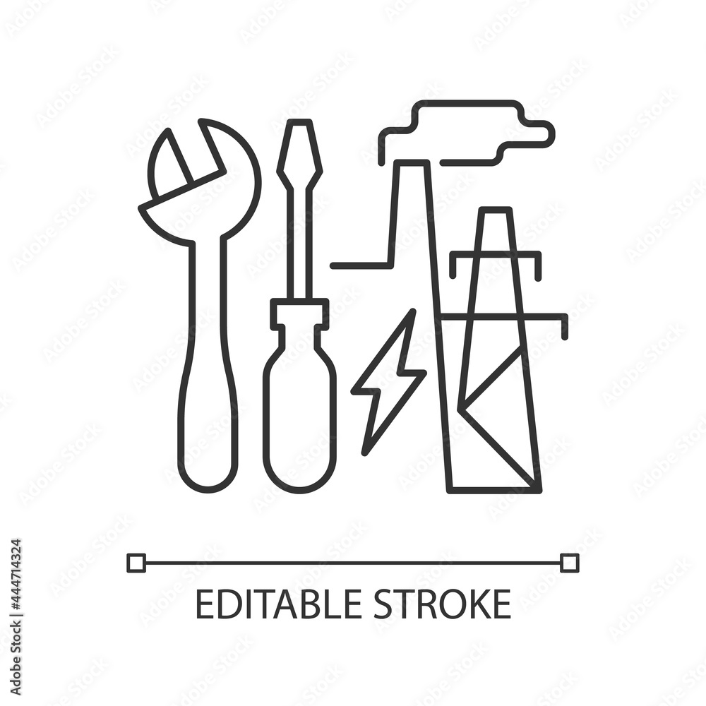 Energy system repairs linear icon. Electricity generation station maintenance. Energy purchase. Thin line customizable illustration. Contour symbol. Vector isolated outline drawing. Editable stroke Energy system repairs linear icon. Electricity generation station maintenance. Energy purchase. Thin line customizable illustration. Contour symbol. Vector isolated outline drawing. Editable stroke
