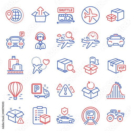 Transportation icons set. Included icon as Taxi, Delivery location, Warning signs. Flight time, Air balloon, Honeymoon travel symbols. Send box, Parking, Tractor. World travel, Vip parcel. Vector