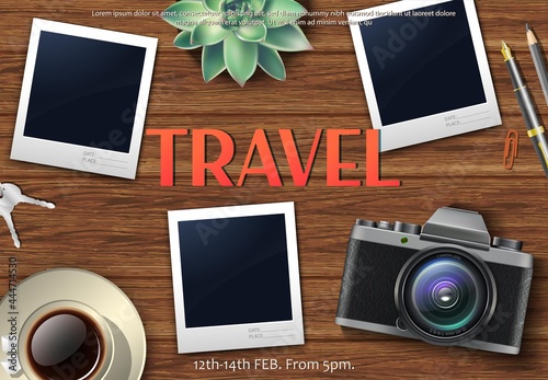 Vector lets go to travel banner with photo frames and camera on the wooden table.