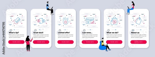 Vector Set of Finance icons related to Loyalty star, Web report and Credit card icons. UI phone app screens with teamwork. Sale bags, Currency exchange and Sale tags line symbols. Vector
