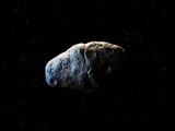 Rocky asteroid in space with stars. Asteroid isolated on a black background. Meteorite with impact craters.