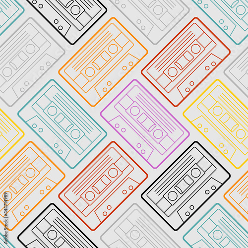 Retro cassette pattern seamless. Boombox cassette for tape recorder background.