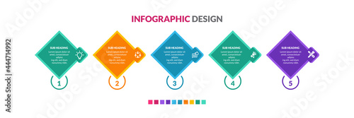 Editable 5 options square and round workflow diagram, circle timeline number info graph, process steps chart. Linear vector infographics. Process order infographic arrow and steps point illustration
