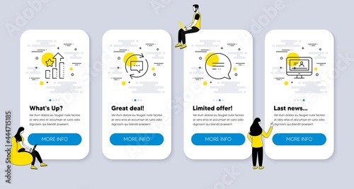 Vector Set of Technology icons related to Ranking stars, Update comments and Text message icons. UI phone app screens with people. Online video line symbols. Vector