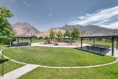 Playground for children and picnic pavilions at a scenic community park