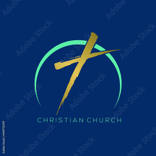Cross logo.Religious symbol.Christian sign.Faith church element isolated on blue background.