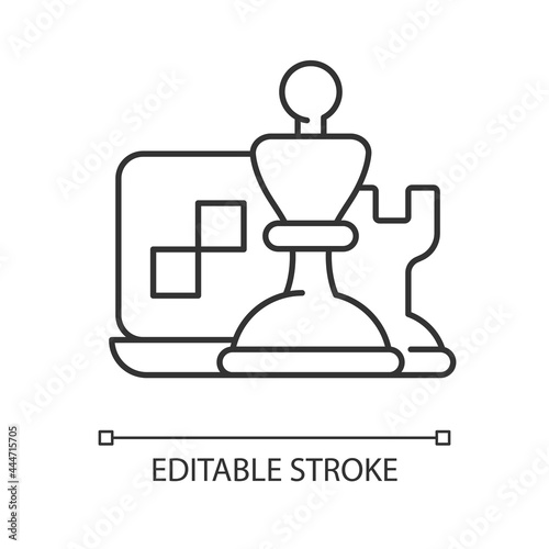 Online logic games and chess linear icon. Intelectual activity for fun time spending. Thin line customizable illustration. Contour symbol. Vector isolated outline drawing. Editable stroke