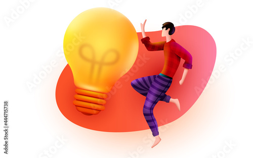 Man flies around a light bulb. Innovation, Brainstorming and Creative idea concept.
