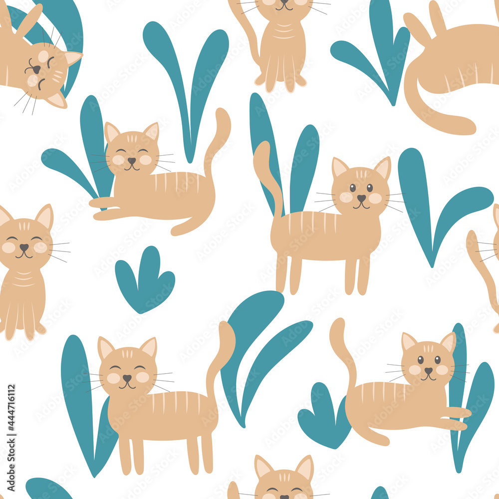 Cat and leaves, seamless pattern vector illustration. Sandy cats in different poses. Cute pets in the grass and leaves. Baby background for packaging, fabric, textile or wallpaper.