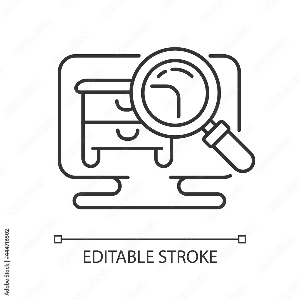 Hidden object game linear icon. Intelectual activities for spending time. Interesting puzzles. Thin line customizable illustration. Contour symbol. Vector isolated outline drawing. Editable stroke Hidden object game linear icon. Intelectual activities for spending time. Interesting puzzles. Thin line customizable illustration. Contour symbol. Vector isolated outline drawing. Editable stroke