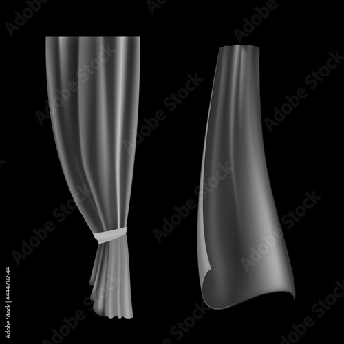 Transparent drapery. Waved curtain. Realistic flowing lightweight cloth. Interior decoration template. White drapes. Window cover. Isolated hanging silk fabric. Vector illustration